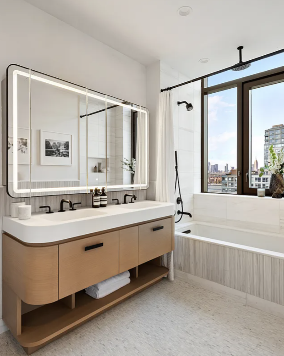 Tribeca spa bathroom renovation with skyline view in Manhattan NYC