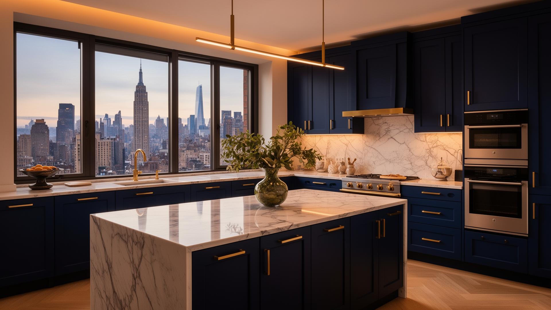 Luxury Manhattan kitchen remodel by Maison Prestige NYC with custom cabinetry and marble finishes